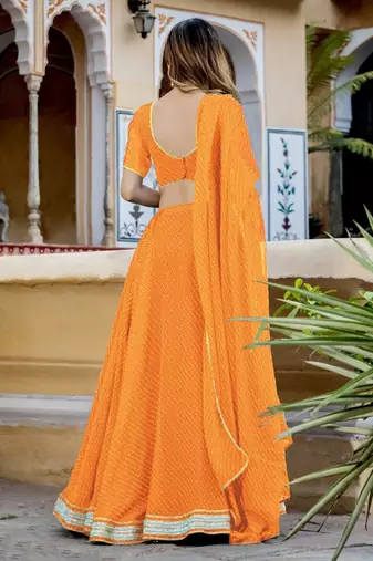 Orange Georgette Leheriya Print Zari Work Gorgeous Lehenga Festive Wear