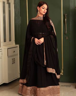 Women's Black georgette bollywood lehenga choli set with stunning zari embroidery 1
