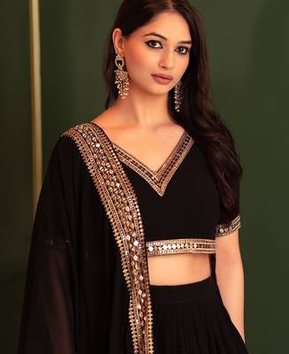 Women's Black georgette bollywood lehenga choli set with stunning zari embroidery 2