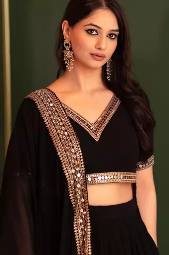 Women's Black georgette bollywood lehenga choli set with stunning zari embroidery