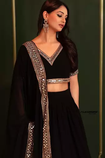 Women's Black georgette bollywood lehenga choli set with stunning zari embroidery