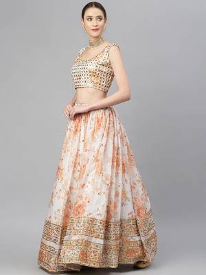 Off White & Peach-Coloured Embellished Sequinned Semi-Stitched Lehenga 3