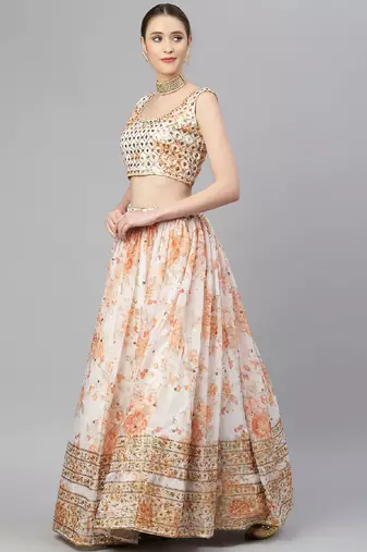 Off White & Peach-Coloured Embellished Sequinned Semi-Stitched Lehenga