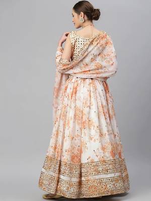 Off White & Peach-Coloured Embellished Sequinned Semi-Stitched Lehenga 4