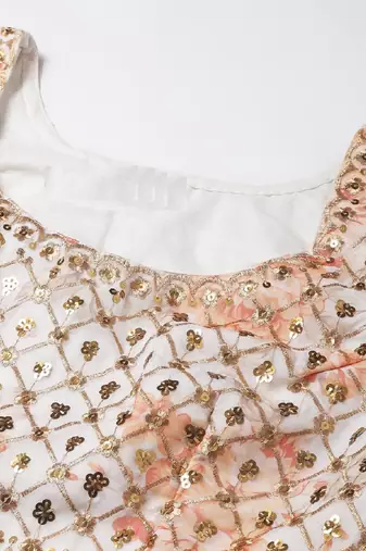 Off White & Peach-Coloured Embellished Sequinned Semi-Stitched Lehenga