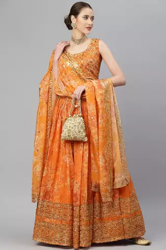Orange & Gold-Toned Embellished Sequinned Semi-Stitched Lehenga & Unstitched Blouse