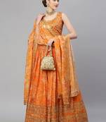 Orange & Gold-Toned Embellished Sequinned Semi-Stitched Lehenga & Unstitched Blouse