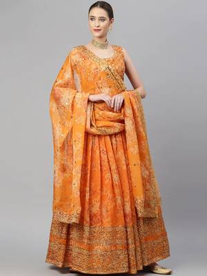 Orange & Gold-Toned Embellished Sequinned Semi-Stitched Lehenga & Unstitched Blouse 2