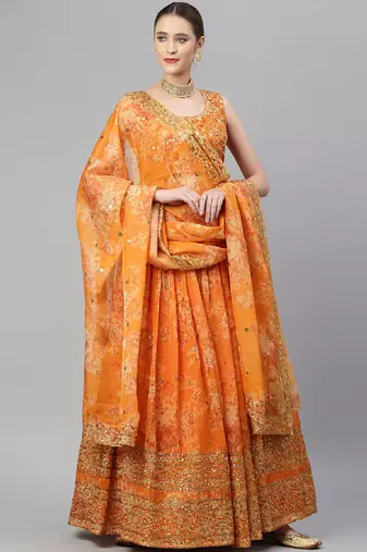 Orange & Gold-Toned Embellished Sequinned Semi-Stitched Lehenga & Unstitched Blouse
