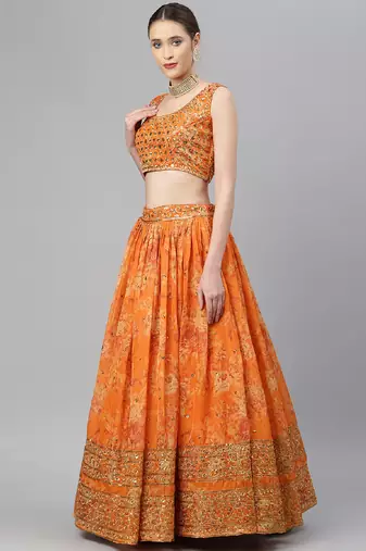 Orange & Gold-Toned Embellished Sequinned Semi-Stitched Lehenga & Unstitched Blouse