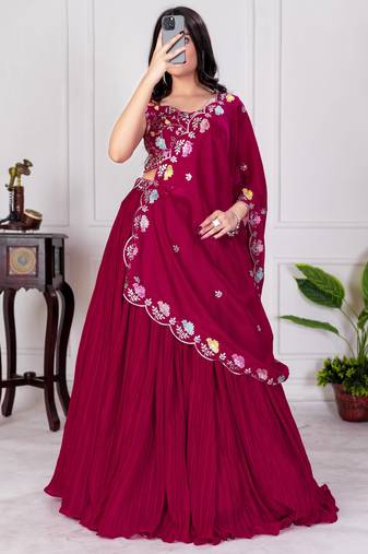 Women's Red Faux Georgette Embroidered Sequins Lehenga Festive Wear