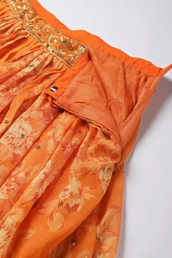 Orange & Gold-Toned Embellished Sequinned Semi-Stitched Lehenga & Unstitched Blouse