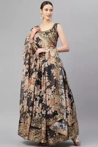 Black & Beige Embellished Sequinned Semi-Stitched Lehenga & Unstitched Blouse