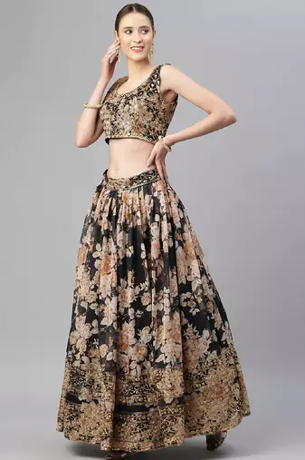 Black & Beige Embellished Sequinned Semi-Stitched Lehenga & Unstitched Blouse