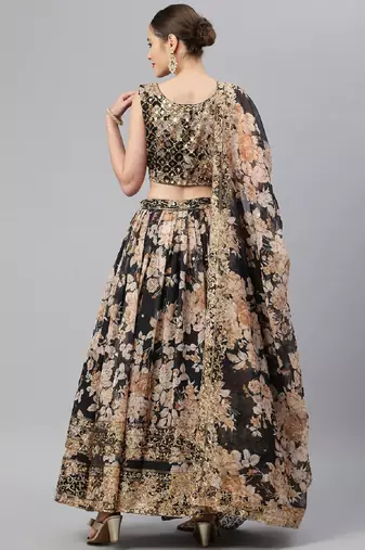 Black & Beige Embellished Sequinned Semi-Stitched Lehenga & Unstitched Blouse