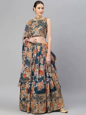 Blue & Peach-Coloured Embellished Sequinned Semi-Stitched Lehenga & Unstitched Blouse 1