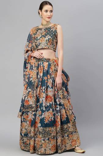 Blue & Peach-Coloured Embellished Sequinned Semi-Stitched Lehenga & Unstitched Blouse