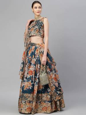 Blue & Peach-Coloured Embellished Sequinned Semi-Stitched Lehenga & Unstitched Blouse 2