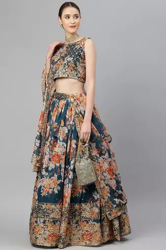 Blue & Peach-Coloured Embellished Sequinned Semi-Stitched Lehenga & Unstitched Blouse
