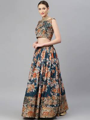 Blue & Peach-Coloured Embellished Sequinned Semi-Stitched Lehenga & Unstitched Blouse 3