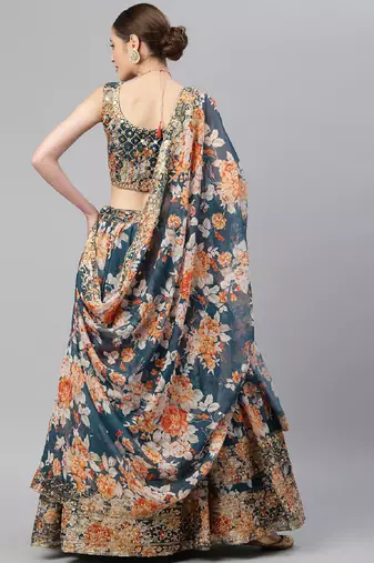 Blue & Peach-Coloured Embellished Sequinned Semi-Stitched Lehenga & Unstitched Blouse