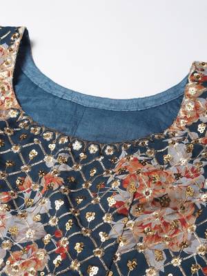 Blue & Peach-Coloured Embellished Sequinned Semi-Stitched Lehenga & Unstitched Blouse 5