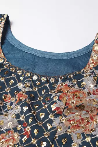 Blue & Peach-Coloured Embellished Sequinned Semi-Stitched Lehenga & Unstitched Blouse