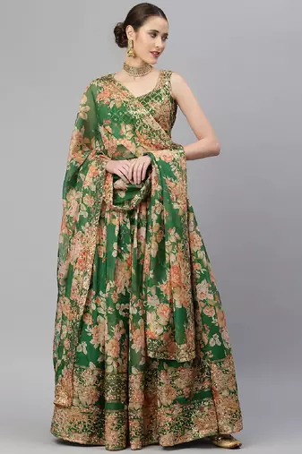 Green & Peach-Coloured Embellished Sequinned Semi-Stitched Lehenga & Unstitched Blouse