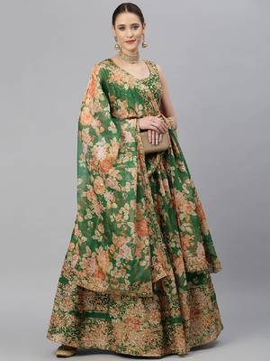 Green & Peach-Coloured Embellished Sequinned Semi-Stitched Lehenga & Unstitched Blouse 2