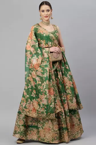 Green & Peach-Coloured Embellished Sequinned Semi-Stitched Lehenga & Unstitched Blouse