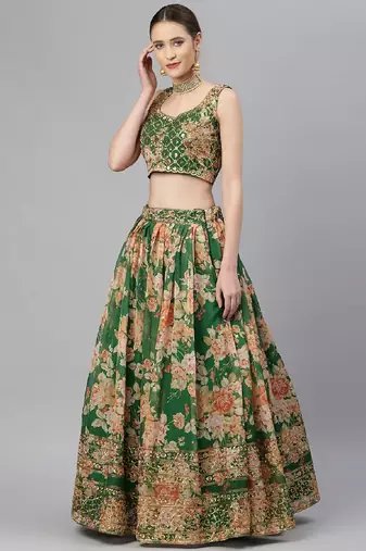 Green & Peach-Coloured Embellished Sequinned Semi-Stitched Lehenga & Unstitched Blouse