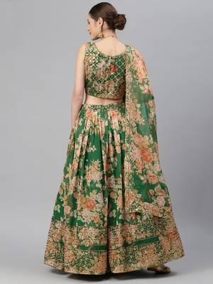 Green & Peach-Coloured Embellished Sequinned Semi-Stitched Lehenga & Unstitched Blouse 4
