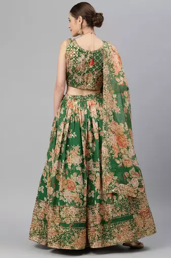 Green & Peach-Coloured Embellished Sequinned Semi-Stitched Lehenga & Unstitched Blouse