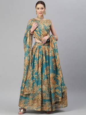Turquoise & Peach-Coloured Embellished Sequinned  Lehenga & Unstitched Blouse 1