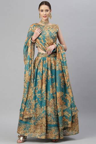 Turquoise & Peach-Coloured Embellished Sequinned  Lehenga & Unstitched Blouse