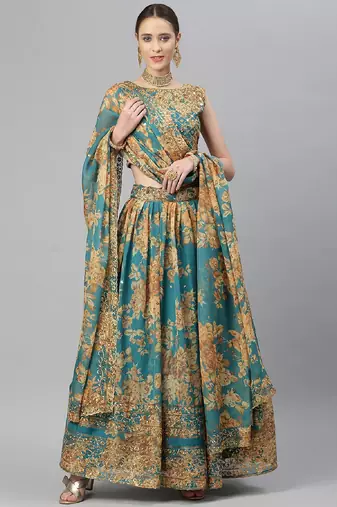 Turquoise & Peach-Coloured Embellished Sequinned  Lehenga & Unstitched Blouse
