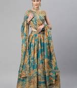 Turquoise & Peach-Coloured Embellished Sequinned  Lehenga & Unstitched Blouse