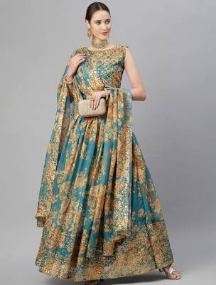 Turquoise & Peach-Coloured Embellished Sequinned  Lehenga & Unstitched Blouse 2