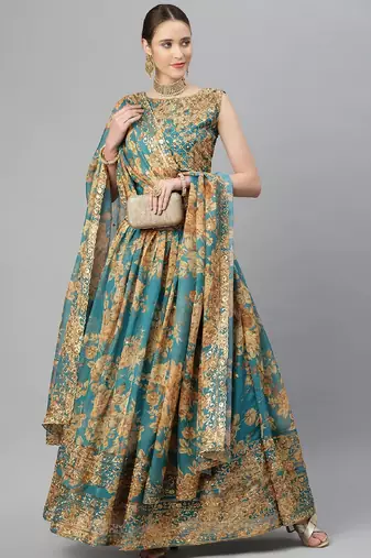 Turquoise & Peach-Coloured Embellished Sequinned  Lehenga & Unstitched Blouse