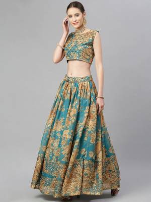 Turquoise & Peach-Coloured Embellished Sequinned  Lehenga & Unstitched Blouse 3