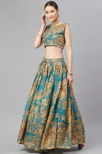 Turquoise & Peach-Coloured Embellished Sequinned  Lehenga & Unstitched Blouse