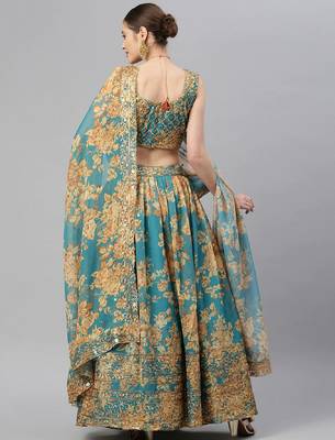 Turquoise & Peach-Coloured Embellished Sequinned  Lehenga & Unstitched Blouse 4