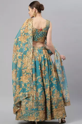 Turquoise & Peach-Coloured Embellished Sequinned  Lehenga & Unstitched Blouse