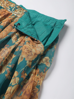 Turquoise & Peach-Coloured Embellished Sequinned  Lehenga & Unstitched Blouse 5