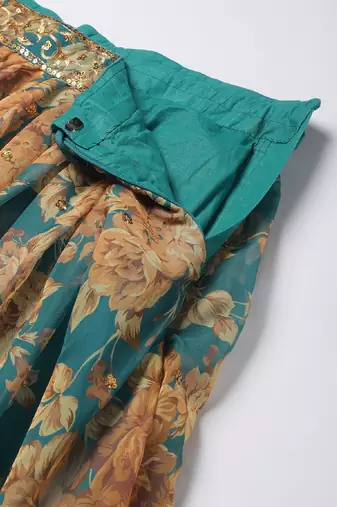 Turquoise & Peach-Coloured Embellished Sequinned  Lehenga & Unstitched Blouse