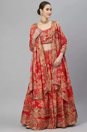 Red & Gold-Toned Embellished Sequinned Semi-Stitched  Lehenga & Unstitched Blouse