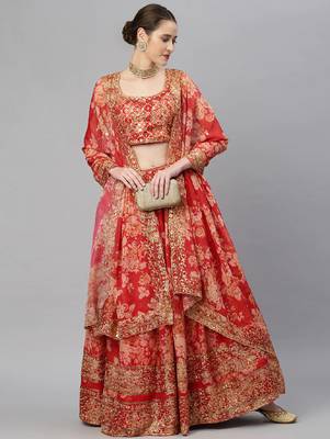 Red & Gold-Toned Embellished Sequinned Semi-Stitched  Lehenga & Unstitched Blouse 2