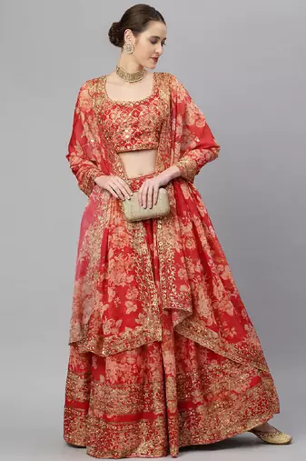Red & Gold-Toned Embellished Sequinned Semi-Stitched  Lehenga & Unstitched Blouse