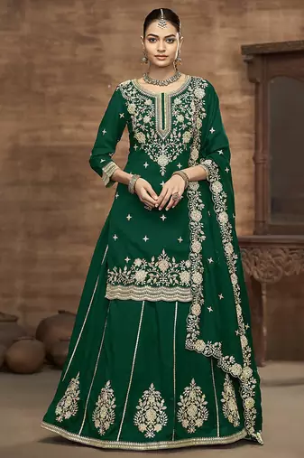 Green Embroidered  Silk Free Size Full Stitched Suit