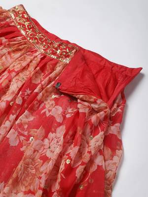 Red & Gold-Toned Embellished Sequinned Semi-Stitched  Lehenga & Unstitched Blouse 5